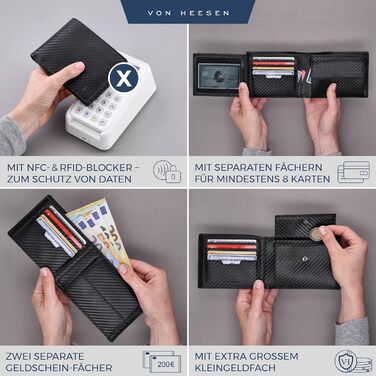 VON HEESEN Wallet for Men with RFID Protection | Wallet for Men | Coin Purse | Portemonnaie | Brieftasche | Wallet | Portmonee (Carbon Black)