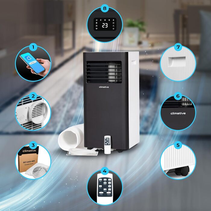 Мобільний кондиціонер з витяжним шлангом 10000 BTU, 2,9 кВт, WiFi, Tuya Smart, для квартир до 29 м², з ущільнювачем для вікна