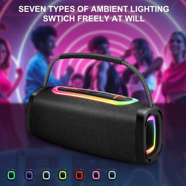 Портативна Bluetooth колонка з ручкою, 66 мм діаметр динаміка, BT5.3/24W/IP-X6 вологостійка, бездротова стерео колонка з RGB підсвічуванням, для дому/відкритих просторів/вечірок