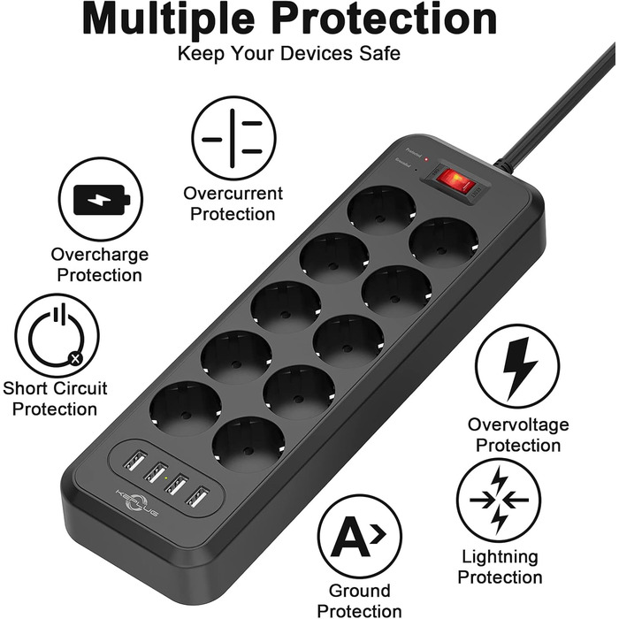 10-ти портова мережева розетка з вимикачами, KEPLUG, 4 USB, захист від перенапруги, для стіни, 2 м, чорна