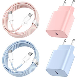 Зарядний пристрій USB-C 20W з кабелем Type-C 2м для iPhone 16/15/Pro/Air, комплект 2 шт. (Синій+Рожевий)