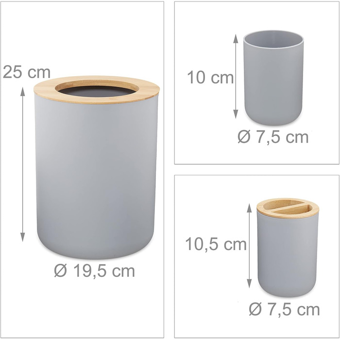 Набір для ванної кімнати Relaxdays, 6 предметів: аксесуари для ванної з пластику та бамбуку, повна комплектація, сірий колір