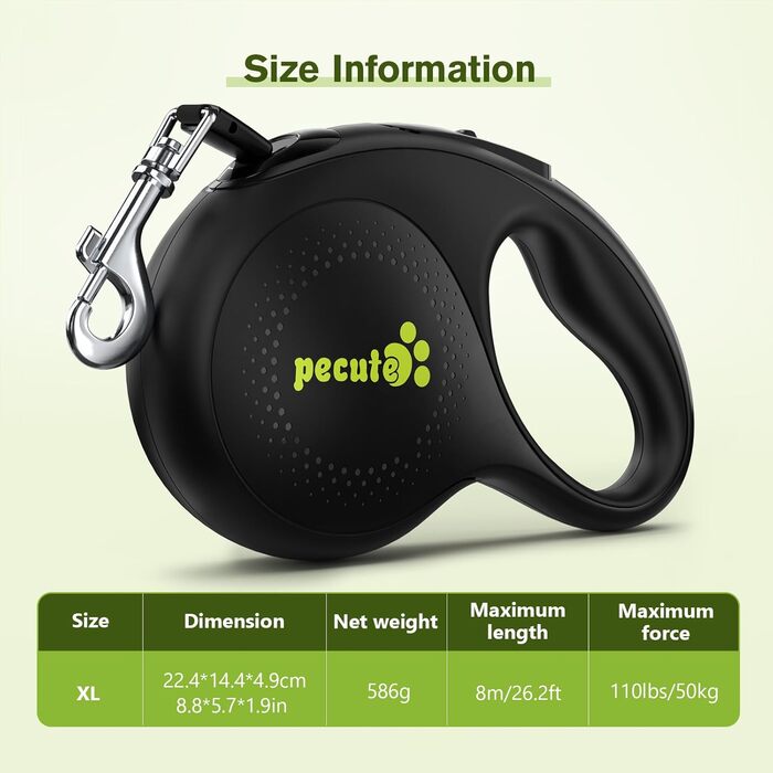 Рулетка для собак Pecute 8м, 50 кг, зелена, з антиковзним руків'ям та швидкою зупинкою