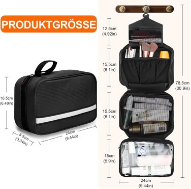 Чоловіча та жіноча косметичка для подорожей з відділеннями, водонепроникна, з гачком, зелена (чорна)