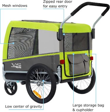 Візок для собак Tiggo VS Pets 2-в-1: візок та велосипедний причіп, великий, 270 л, до 35 кг (зелений)