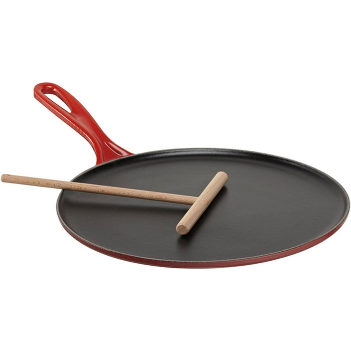 Млинцева сковорода Le Creuset з чавуну, 27 см, з дерев'яною лопаткою, для всіх типів плит (індукція), червона Cerise