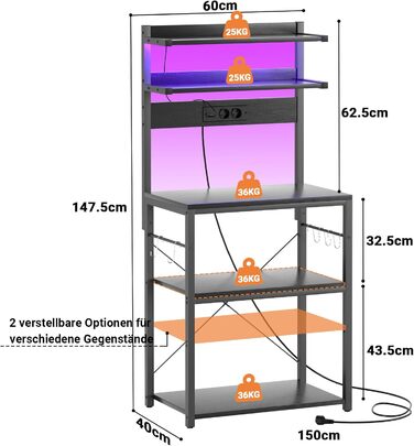 Кухонна полиця-стійка з розеткою, підставка для мікрохвильовки, 5-ярусна кавобар з LED-підсвічуванням, полиця для спецій, каструль та сковорідки (60 см, чорний)