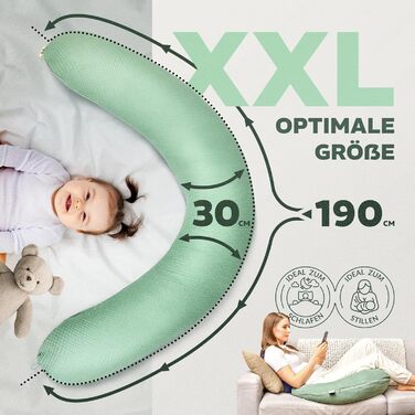 Подушка для годування sei Design XXL 190x30 з мусліновою наволочкою, ергономічна, для вагітних, для сну на боці, комфортна подушка для дорослих, наволочка для подушки для годування з 100% бавовни [ органічна бавовна ] (Персоналізована муслін м'ятно-зелени
