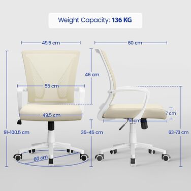 Офісний крісло Yaheetech ергономічне, з сітчастою спинкою, з підлокітниками, для офісу та дому, комп'ютерне крісло, витримує до 136 кг, дихаюче, з функцією гойдання (Бежевий)