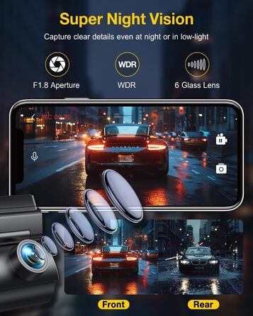 Відеореєстратор GKU 4K Dual з GPS, WiFi, ParkSurv, Нічне Бачення, WDR, 170° та G-Sensor. В комплекті SD-карта 64GB. Чорний