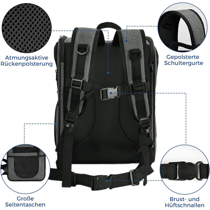 Рюкзак для собак та котів Apollo Walker - для малих тварин (2-15 кг), з підтримуючим каркасом, дихаючий, сірий - для походів, подорожей, активного відпочинку