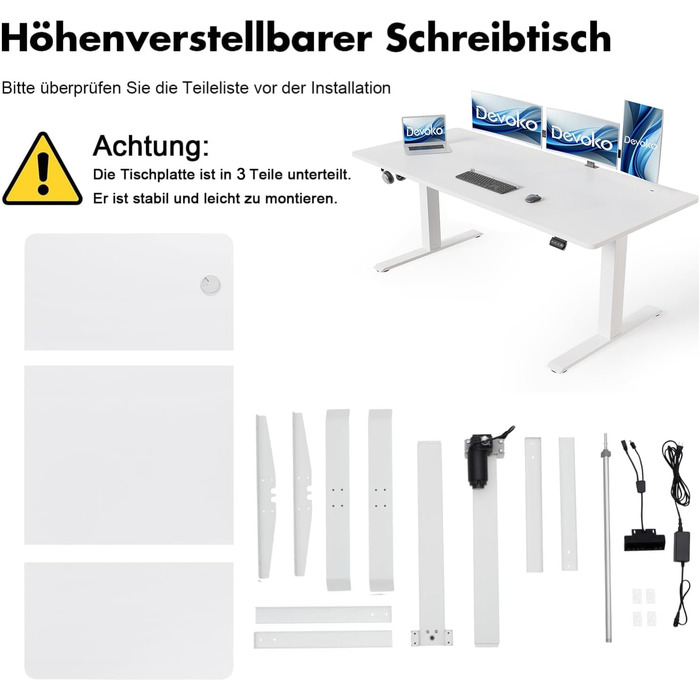 Devoko Electric Standing Desk 160x70cm - Adjustable Height, Stable Standing Desk, Computer Table with Memory Function, Ergonomic Sit-Stand Desk (White)