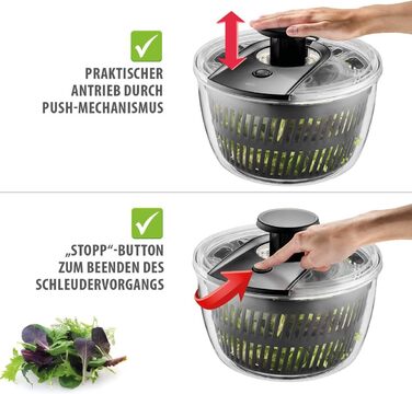 GEFU Салатниця-шпинька 5л з механізмом Push, вбудований виливний отвір та кнопка стоп, неслизька поверхня, придатна для миття в посудомийній машині, прозора