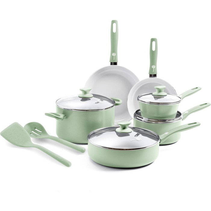 Набір кухонного посуду GreenPan Dover Healthy Ceramic, 12 предметів, антипригарне покриття, без PFAS, для миття в посудомийній машині, зручні ручки, кремово-білий