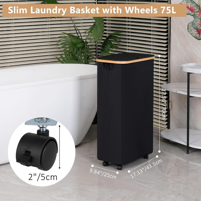 iEGrow Laundry Basket with Lid 75L, Narrow Laundry Baskets with Removable and Washable Inner Pocket, Laundry Hamper with Wheels, Foldable Laundry Baskets for Laundry Room, Bedroom, Bathroom (Black)