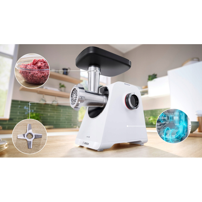 М'ясорубка Bosch Serie 6 MFWS607W 2100 Вт, реверс, біла
