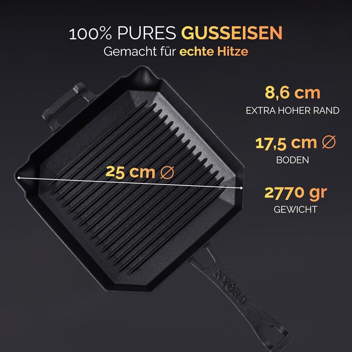 Чавунна сковорода-гриль NYORD з ребрами та виливом | Для індукції, газових плит, кераміки, грилю та духовки | Преміум якість