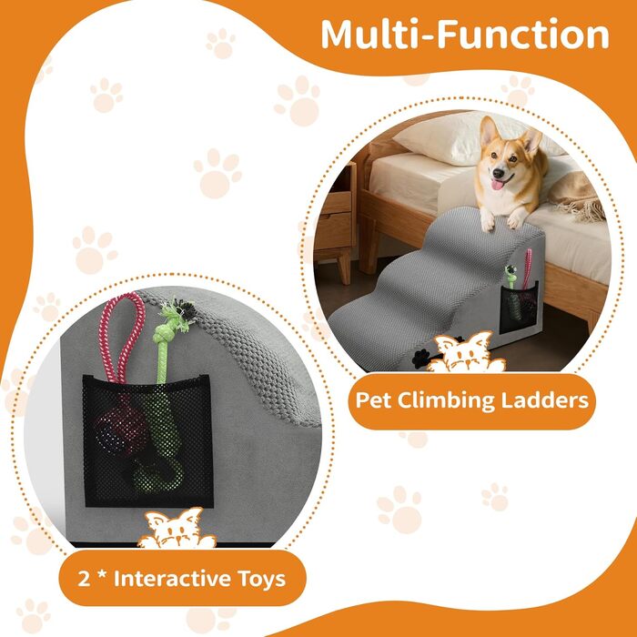 Сходинки для собак, 3 сходинки, з щільного матеріалу, для маленьких собак та котів, знімний чохол, іграшка-канат, легкі та портативні, сірі.