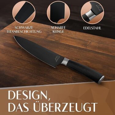 Кухонний ніж Glavory з чорним лезом та дерев'яною ручкою, 20 см - професійний кухонний ніж з надзвичайно гострим лезом, в подарунковій упаковці