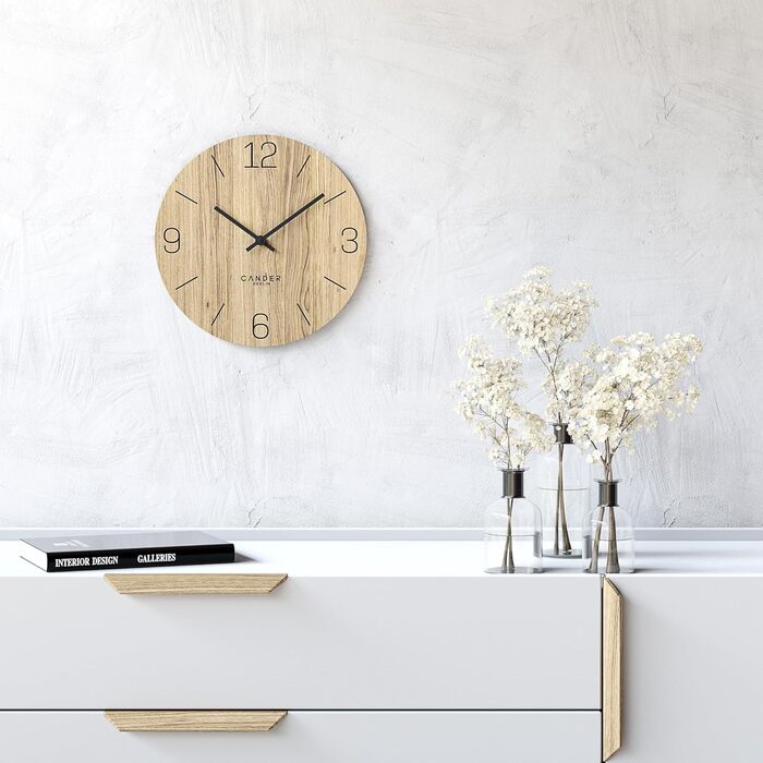 Cander Berlin MNU 2725 D Wall Clock Wood Silent 25 cm Modern Oak Veneer Vintage No Ticking Sounds Kitchen Living Room Analog