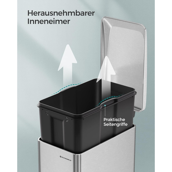 Степле́р SONGMICS для кухні, 48 літрів, вузький, з м'яким закриттям, з відром, з нержавіючої сталі, 15 мішків у комплекті, сріблястий