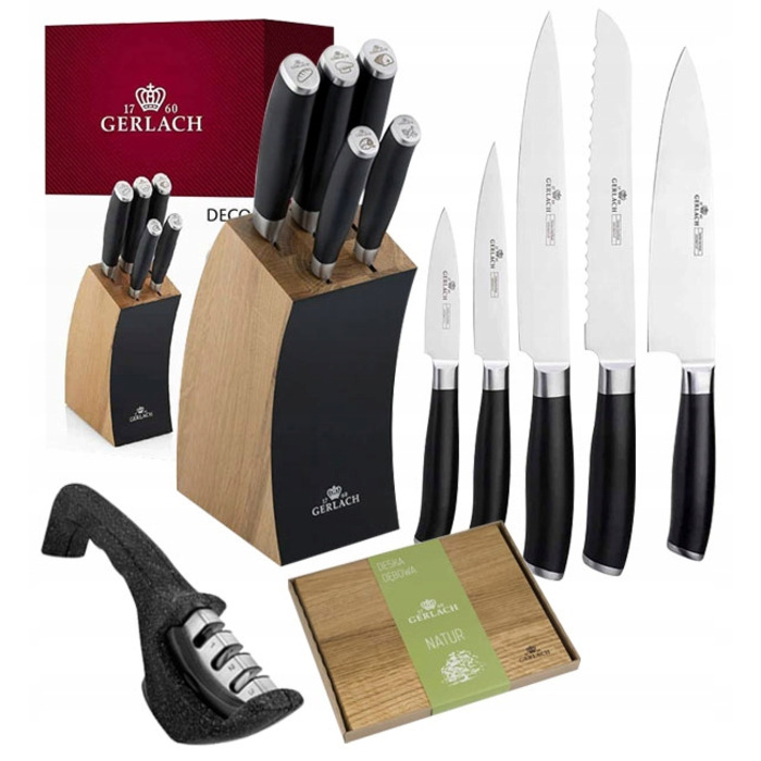 Набір ножів Gerlach Deco Black (5 предметів) у дерев'яному блоці з дощекою та точилом