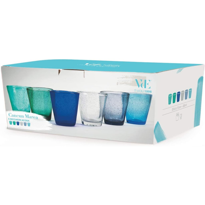 Villa d'Este Home Tivoli Cancun/Marea Set of 6 Water Glasses, 330 ml, made of hand-blown glass, with shades of blue