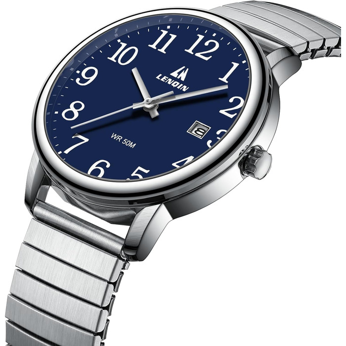 Чоловічий годинник: аналоговий кварцовий годинник з датою, водонепроникний, 38 мм, синій, срібляний, для бізнесу та повсякденного носіння