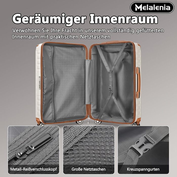 Набір валіз Melalenia 7 предметів з жорстким корпусом, легкий, на 4 колесах з TSA-замком. Включає косметичку, сумку для подорожей та кулькову косметичку (білий, 53 см, ручна поклажа 4 предм.)