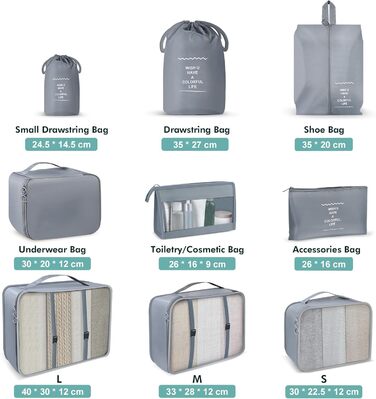 Органайзер для валізи OBSGUMU, набір 9 шт: кубики для пакування, сумки для подорожей, косметичка (сірий)