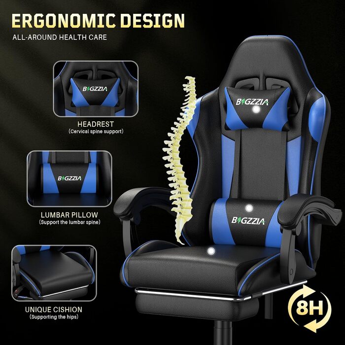 Ігрове крісло Bigzzia Ergonomic Gaming Stuhl з підставкою для ніг та функцією масажу, синій