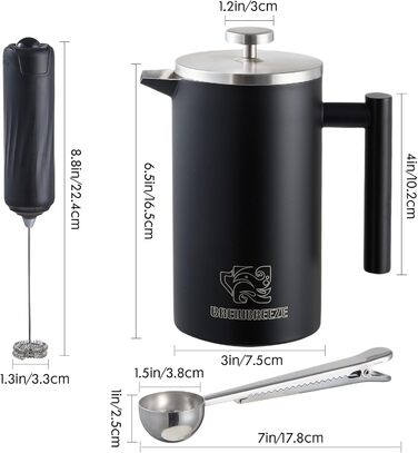 Набір для приготування кави френч-прес, термоізольований, з пітчером для спінювання молока, нержавіюча сталь (чорний, 1 літр)