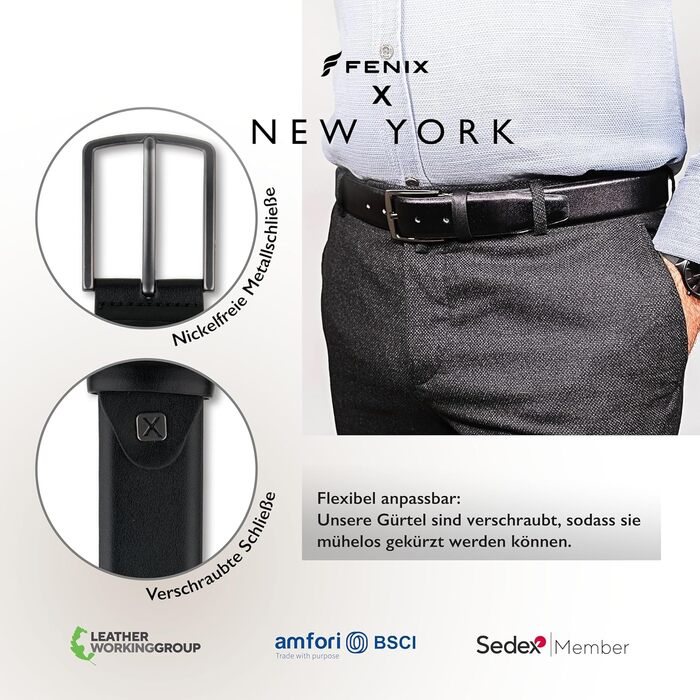 Чоловічий шкіряний ремінь FENIX NEW YORK, 80-125 см, регульований, 35 мм, без нікелю, для костюма та джинсів
