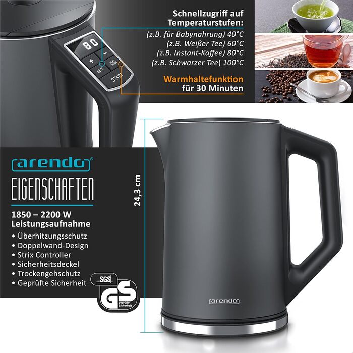 Arendo Kettle and Toaster SET Stainless Steel Cool Grey, Kettle 1.5L 40°-100°C Keep Warm Function, Toaster 2 Slice LED Display 6 Browning Levels, Bread Tray, A: Cool Grey