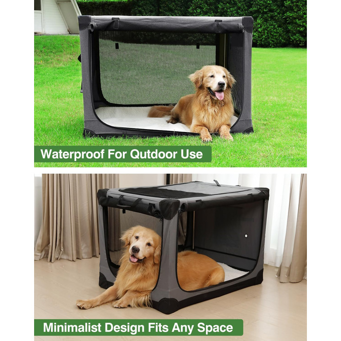 Складана переносна собача будка для середніх та великих собак, 106.7 см, 4 двері, м'яка, сіра, з сумкою для зберігання (106*78*78 см)