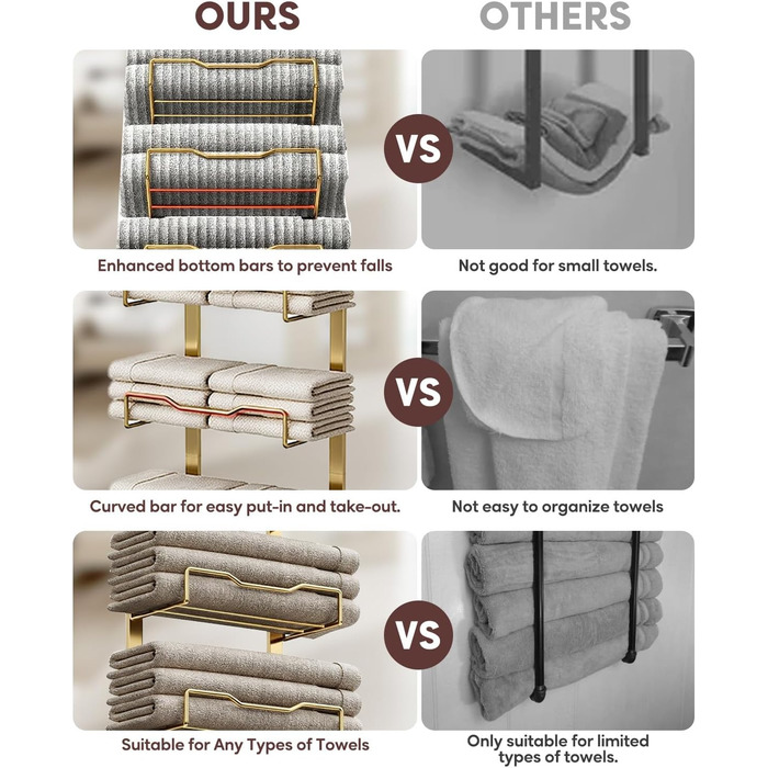 Настінний тримач для рушників у ванну кімнату, без свердління, 6-рівнева наддверна полиця для рушників, багаторівневий тримач для рушників на двері, для складених рушників (Золотий, 8 ярусів)