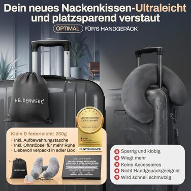 Подушка для шиї HELDENWERK® Air: 5 положень, регульований тиск, знімний капюшон | Подушка для подорожей на літаку/автомобілі, м'яка, сірого кольору, велика