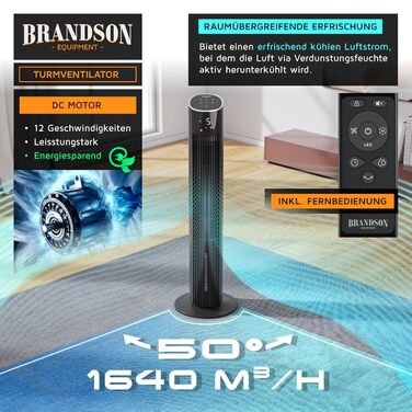 Вентилятор вежа Brandson ECO GREEN з водяним охолодженням, WiFi, керуванням Alexa – мобільний кондиціонер, чорний матовий