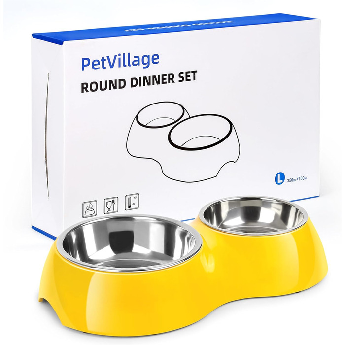 Набір мисок для собак Petvillage з нержавіючої сталі, 2 миски, стійкий до ковзання, з міцної смоли, годівниця для цуценят, кошенят та маленьких собак (великий, жовтий)