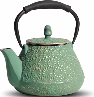 Cast Iron Teapot, 950ml Japanese Cherry Blossom Pattern Teakettle, Stovetop Safe, Infuser for Loose Tea & Coffee, Silicone Handle, Enamelled Interior, 32oz Blue (Light Green)