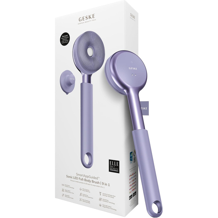 GESKE Sonic LED Full-Body Brush: Щітка для тіла з LED-підсвіткою та інтенсивним пілінгом | 9-в-1 | Електрична щітка для тіла | Глибоке очищення та масаж | SmartSonic Pulsations | М'які силіконові ніжки (Purple)
