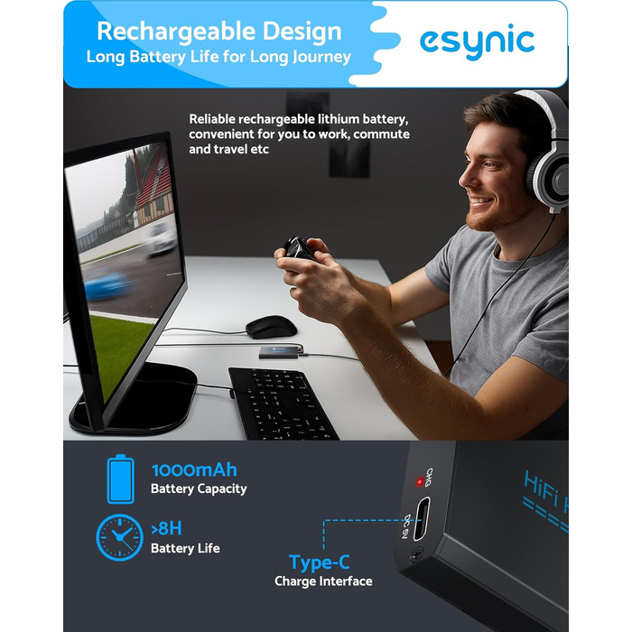 eSynic Професійний підсилювач навушників з підсиленням басів, 16-300 Ом, портативний, 3.5mm, для MP3, MP4, телефонів, комп'ютерів