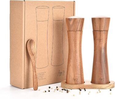 figg Salt and Pepper Grinder Wood Large (20 cm) - Set - Spice Grinder with Ceramic Grinder including Wooden Spoon and Wooden Coaster - Suitable as Pepper and Salt Grinder