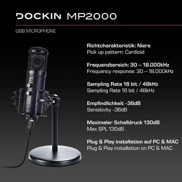 USB мікрофон DOCKIN® MP2000 для ПК, геймінгу, подкастів та стрімінгу - мікрофон з USB для запису звуку з важким штативом. Якість звуку 130dB.