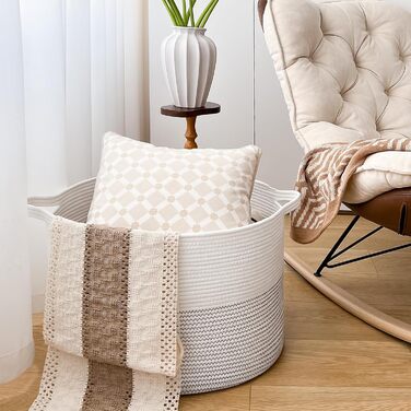 TIMEYARD XXL Large Laundry Basket, Storage Basket, Children's Laundry Basket, Storage Basket for Toys Cotton Rope, Basket with Handles for Blankets and Pillows, 55x35cm, White with