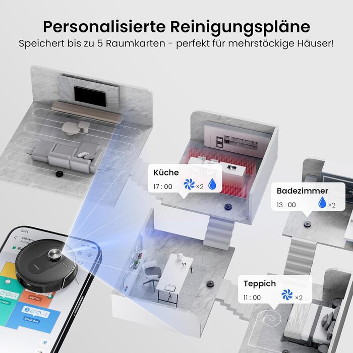 Робот-пилосос Proscenic Q8 Max+ з функцією миття, 8000Pa, 200 хвилин роботи, 3L пилозбірник, Lidar-навігація, уникнення перешкод, керування через додаток та голосове управління, для твердих поверхонь та килимів