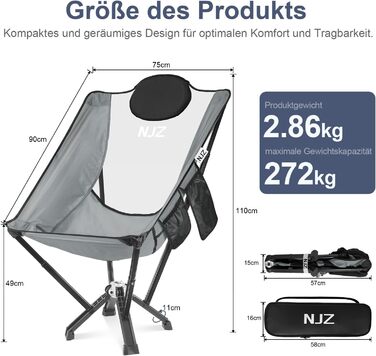 Зручний складаний стілець для кемпінгу NJZ, 200-600 lbs, міцний, легкий, з сумкою для перенесення. Ідеально для відпочинку на природі, риболовлі, саду та пікніків. Колір: сріблястий.