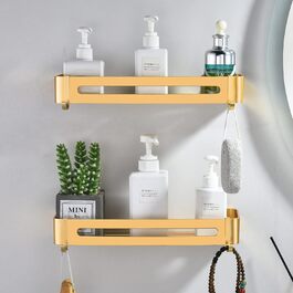 Shower Shelf No Drilling, Shower Rack Champagne Gold Bathroom Organizer with Hooks Wall Shelf for Bathroom Shower Basket, Bathroom Shelf for Toilet, Laundry Room and Shower Room, Aluminum Bathroom Shelf (2 Pack)