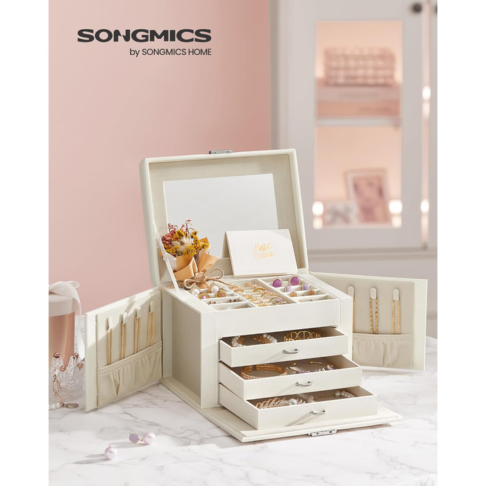 Скринька для прикрас SONGMICS з 6 ярусами, 5 шухлядами, дзеркалом, замком, білий JBC152W01