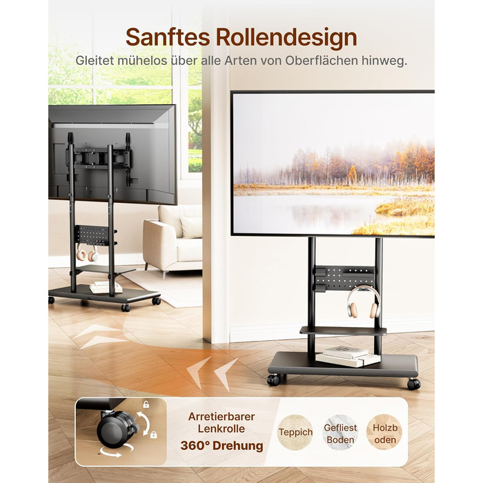 Підставка для телевізора на колесах, 50-90 дюймів, до 70 кг, регульована висота та нахил, з полицями, VESA 600x400 мм